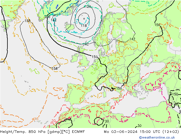 Height/Temp. 850 hPa ECMWF Mo 03.06.2024 15 UTC