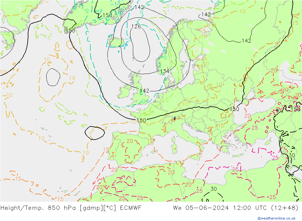 Hoogte/Temp. 850 hPa ECMWF wo 05.06.2024 12 UTC