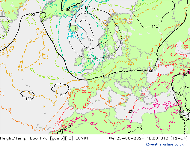 Geop./Temp. 850 hPa ECMWF mié 05.06.2024 18 UTC