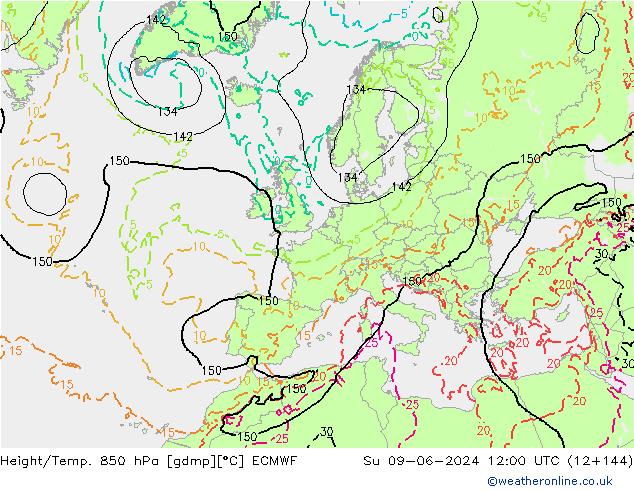 Z500/Rain (+SLP)/Z850 ECMWF So 09.06.2024 12 UTC