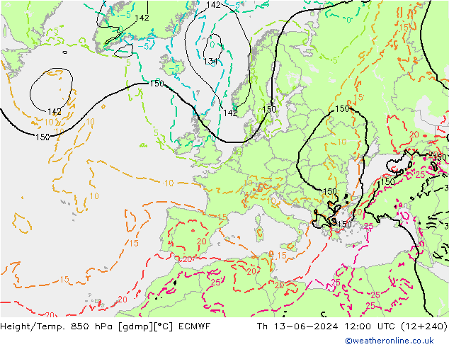 Hoogte/Temp. 850 hPa ECMWF do 13.06.2024 12 UTC