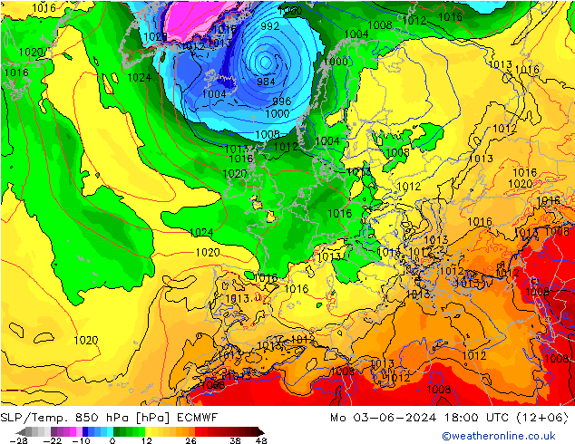 SLP/Temp. 850 hPa ECMWF Mo 03.06.2024 18 UTC