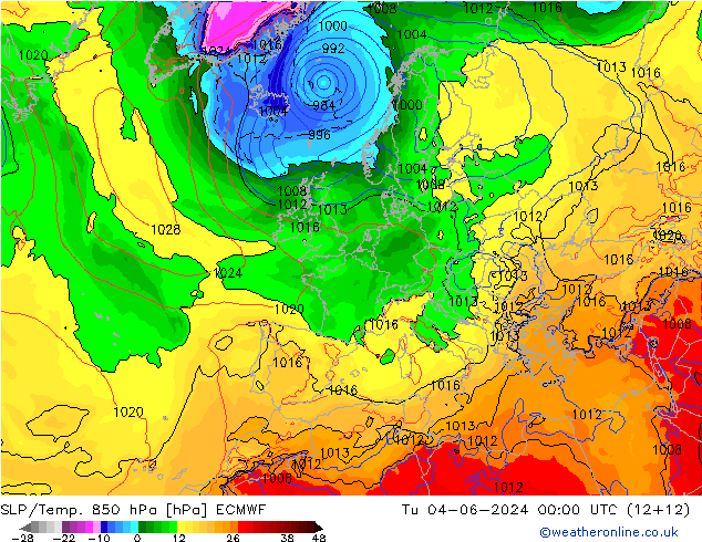 SLP/Temp. 850 hPa ECMWF Tu 04.06.2024 00 UTC