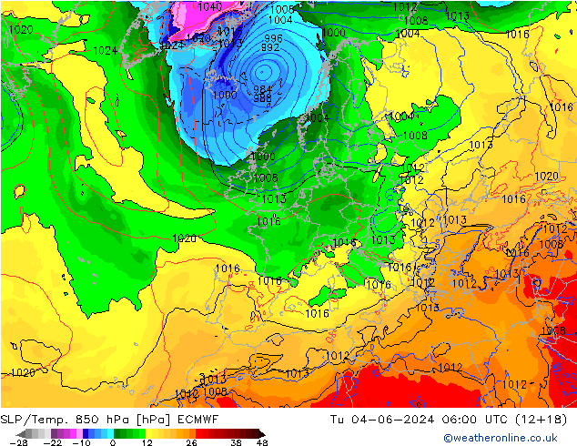 SLP/Temp. 850 hPa ECMWF  04.06.2024 06 UTC