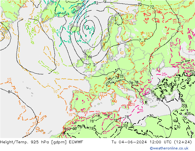 Height/Temp. 925 hPa ECMWF Tu 04.06.2024 12 UTC