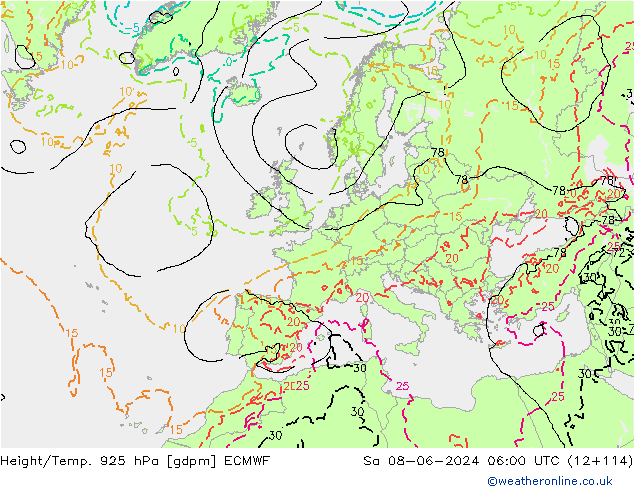 Height/Temp. 925 hPa ECMWF so. 08.06.2024 06 UTC