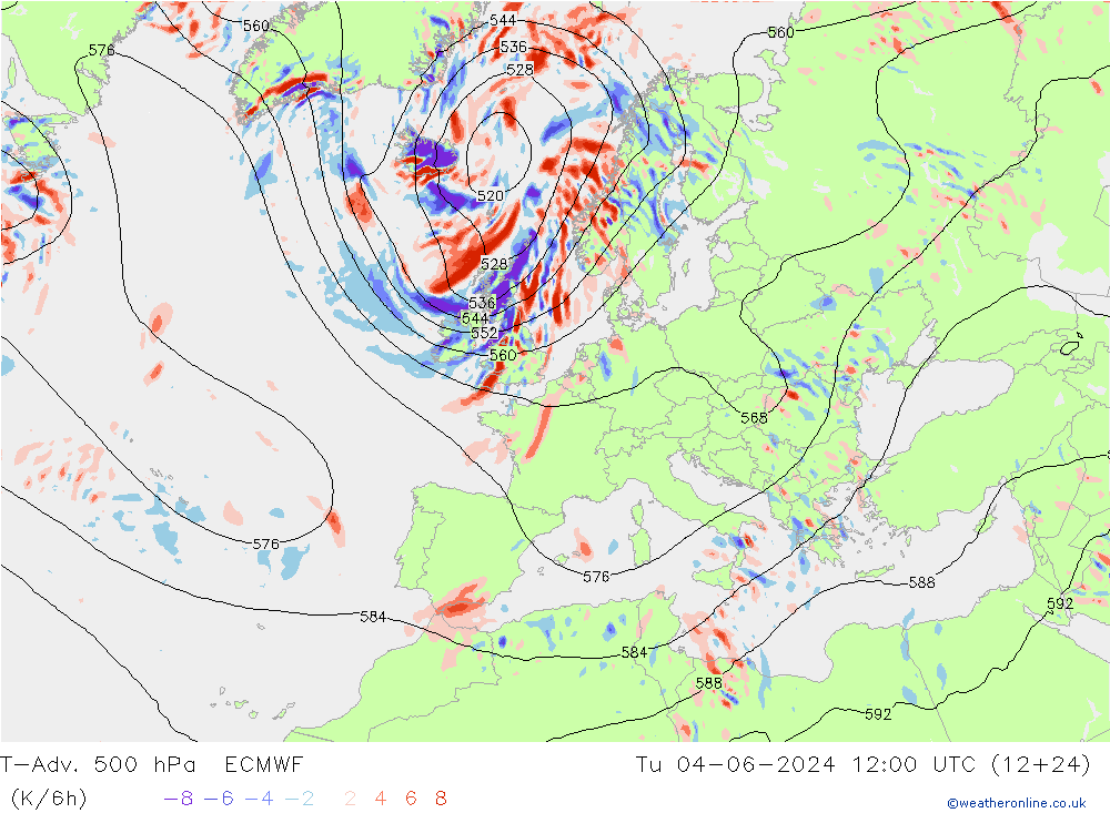 T-Adv. 500 hPa ECMWF 星期二 04.06.2024 12 UTC