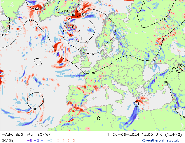 T-Adv. 850 hPa ECMWF Qui 06.06.2024 12 UTC