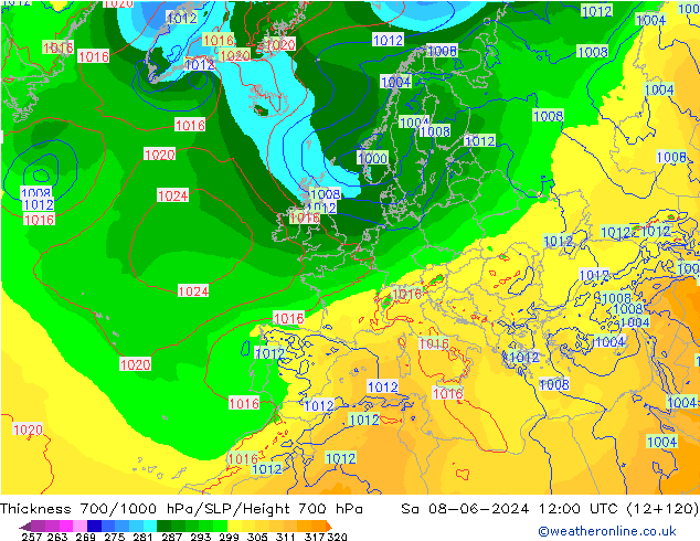 Schichtdicke 700-1000 hPa ECMWF Sa 08.06.2024 12 UTC