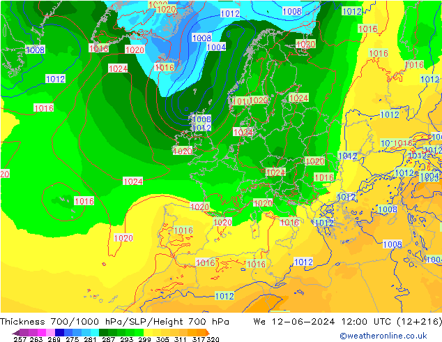 Thck 700-1000 гПа ECMWF ср 12.06.2024 12 UTC