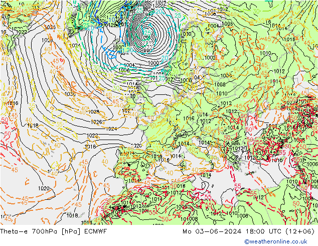 Theta-e 700hPa ECMWF pon. 03.06.2024 18 UTC