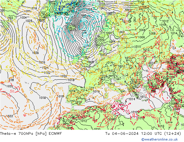 Theta-e 700hPa ECMWF 星期二 04.06.2024 12 UTC