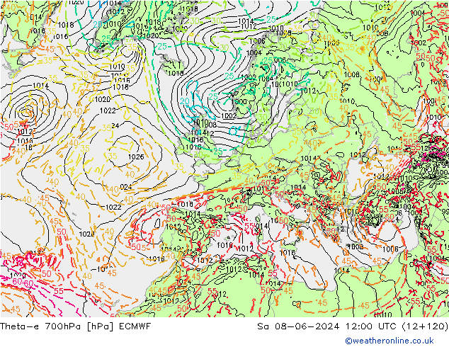 Theta-e 700hPa ECMWF Sa 08.06.2024 12 UTC