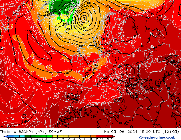 Theta-W 850гПа ECMWF пн 03.06.2024 15 UTC