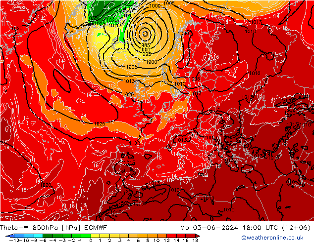 Theta-W 850hPa ECMWF Mo 03.06.2024 18 UTC