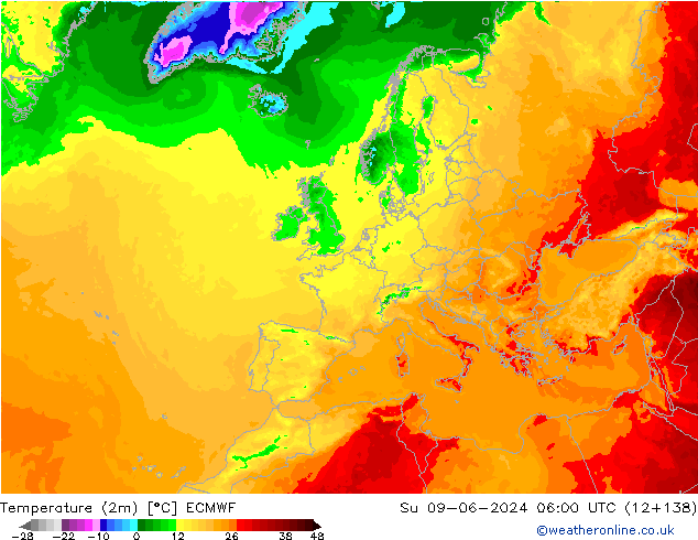 Temperatura (2m) ECMWF Dom 09.06.2024 06 UTC