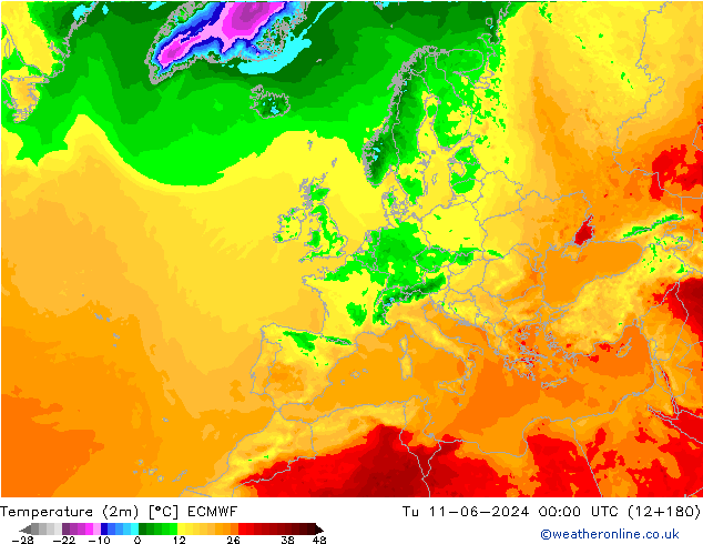 Temperatura (2m) ECMWF mar 11.06.2024 00 UTC