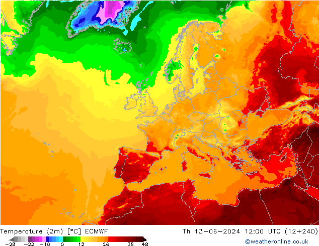 Temperatura (2m) ECMWF jue 13.06.2024 12 UTC