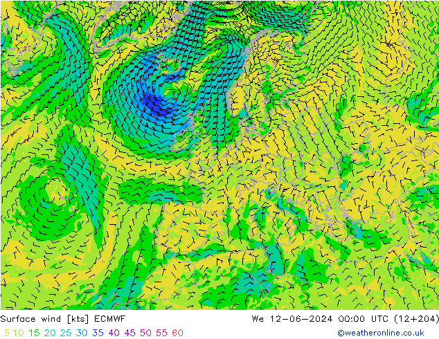 Vento 10 m ECMWF mer 12.06.2024 00 UTC