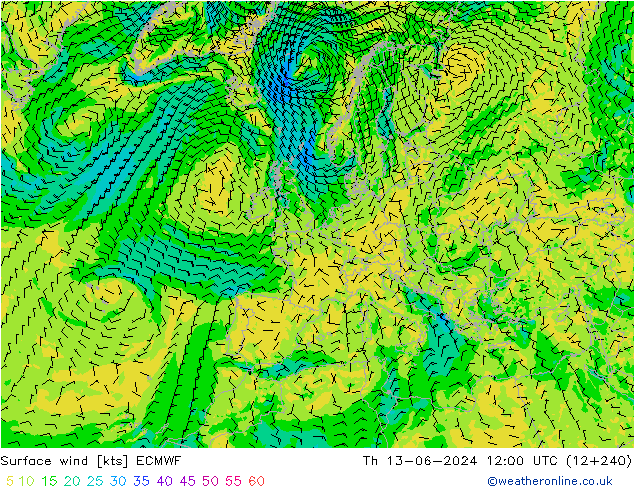 Surface wind ECMWF Th 13.06.2024 12 UTC