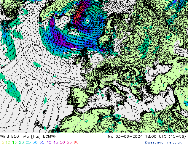 Wind 850 hPa ECMWF Mo 03.06.2024 18 UTC