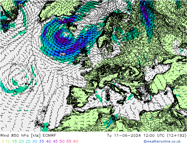 Vento 850 hPa ECMWF mar 11.06.2024 12 UTC