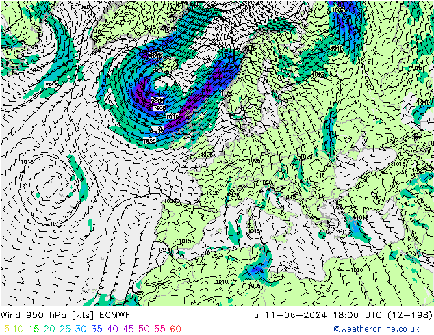 Wind 950 hPa ECMWF Tu 11.06.2024 18 UTC