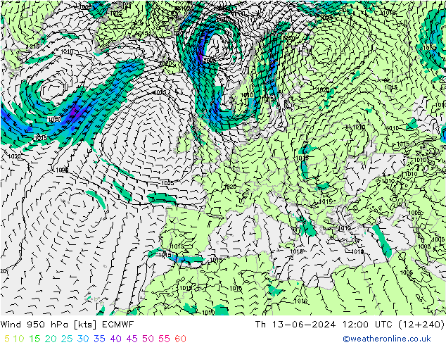 Wind 950 hPa ECMWF Th 13.06.2024 12 UTC