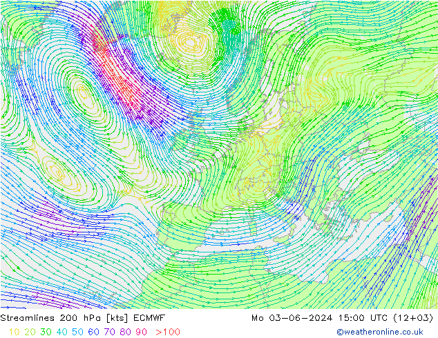 Línea de corriente 200 hPa ECMWF lun 03.06.2024 15 UTC