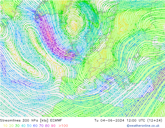 Stromlinien 200 hPa ECMWF Di 04.06.2024 12 UTC