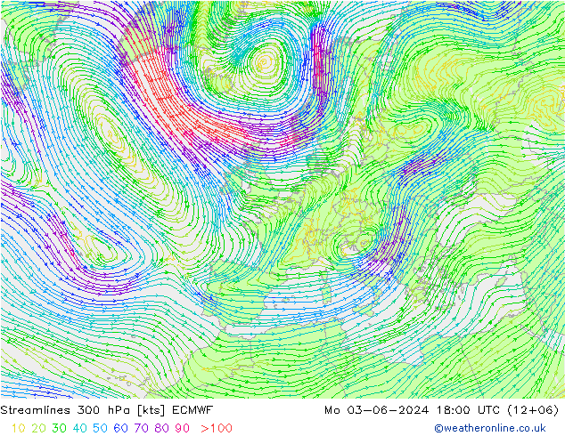 Línea de corriente 300 hPa ECMWF lun 03.06.2024 18 UTC