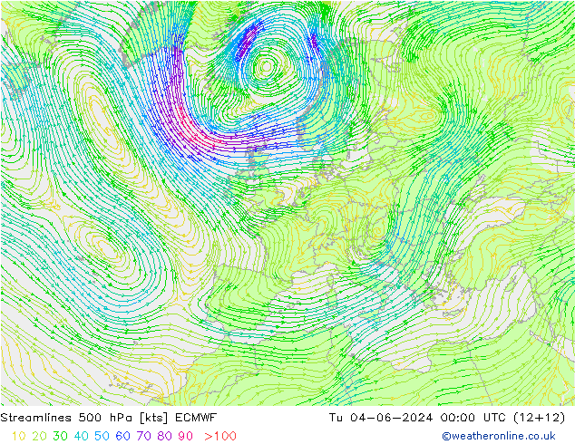 风 500 hPa ECMWF 星期二 04.06.2024 00 UTC