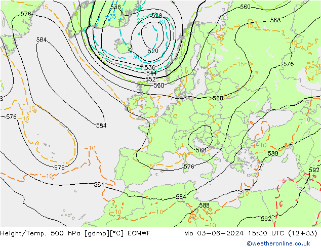 Height/Temp. 500 hPa ECMWF Mo 03.06.2024 15 UTC