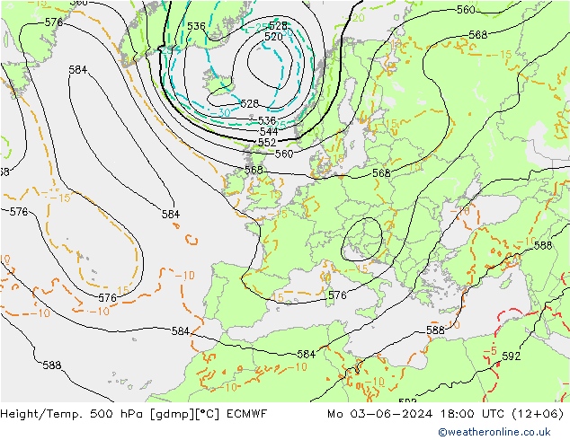 Z500/Rain (+SLP)/Z850 ECMWF 星期一 03.06.2024 18 UTC