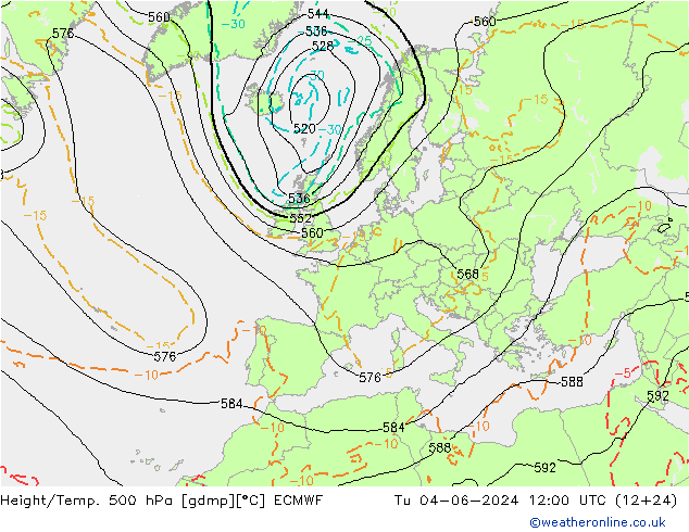 Height/Temp. 500 hPa ECMWF 星期二 04.06.2024 12 UTC