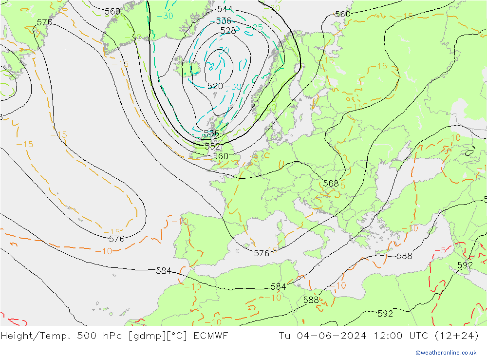 Height/Temp. 500 hPa ECMWF Ter 04.06.2024 12 UTC