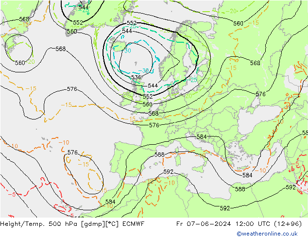 Z500/Rain (+SLP)/Z850 ECMWF vie 07.06.2024 12 UTC