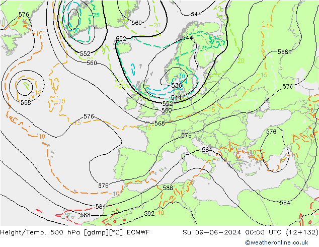 Z500/Rain (+SLP)/Z850 ECMWF Вс 09.06.2024 00 UTC