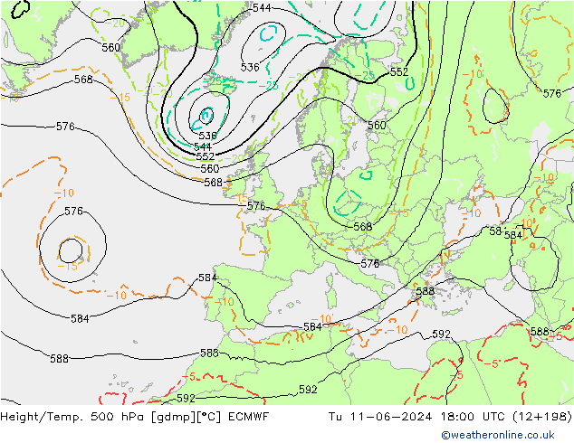 Z500/Rain (+SLP)/Z850 ECMWF Di 11.06.2024 18 UTC