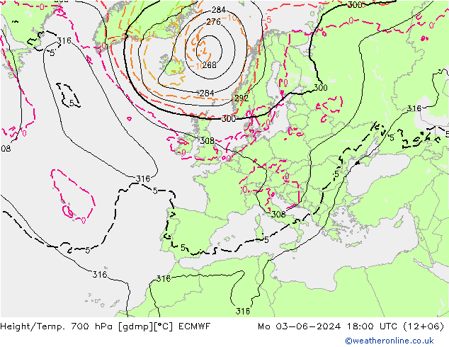 Yükseklik/Sıc. 700 hPa ECMWF Pzt 03.06.2024 18 UTC