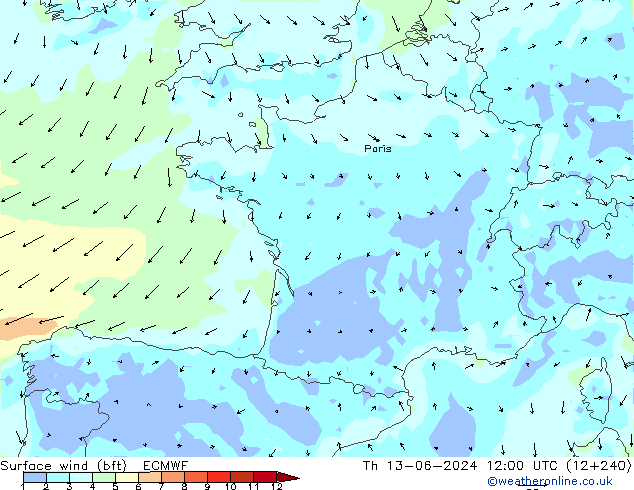 Rüzgar 10 m (bft) ECMWF Per 13.06.2024 12 UTC