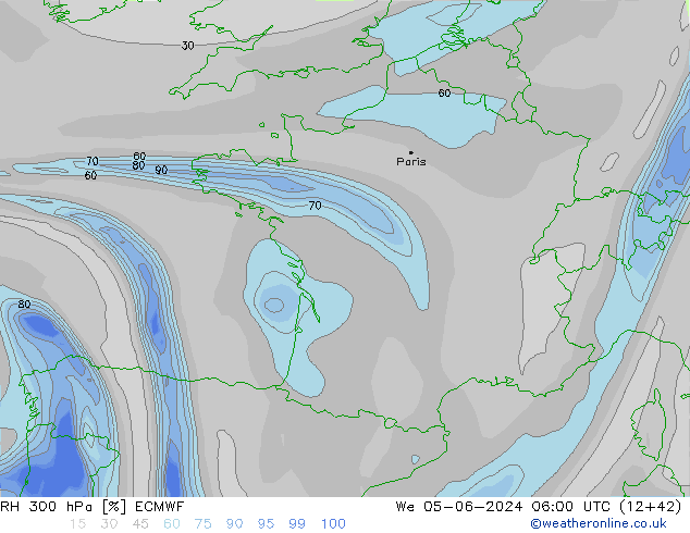 Humedad rel. 300hPa ECMWF mié 05.06.2024 06 UTC