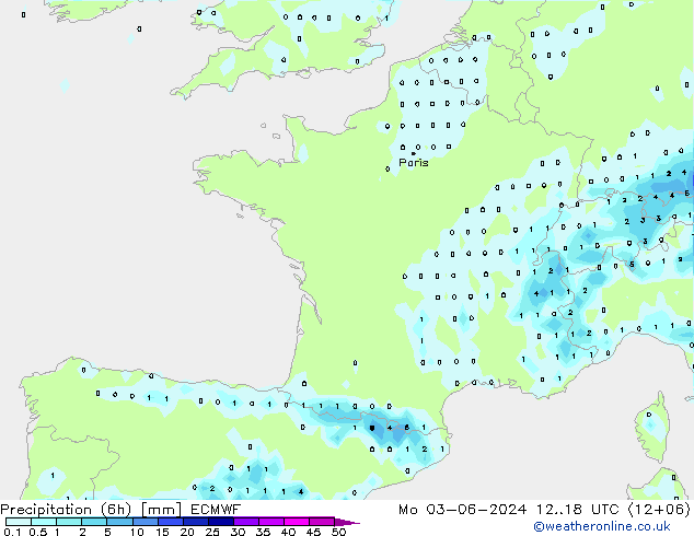 Totale neerslag (6h) ECMWF ma 03.06.2024 18 UTC