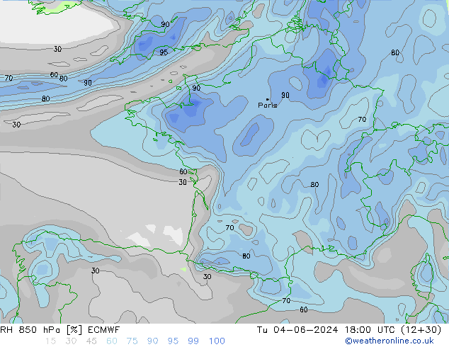 RH 850 hPa ECMWF Tu 04.06.2024 18 UTC