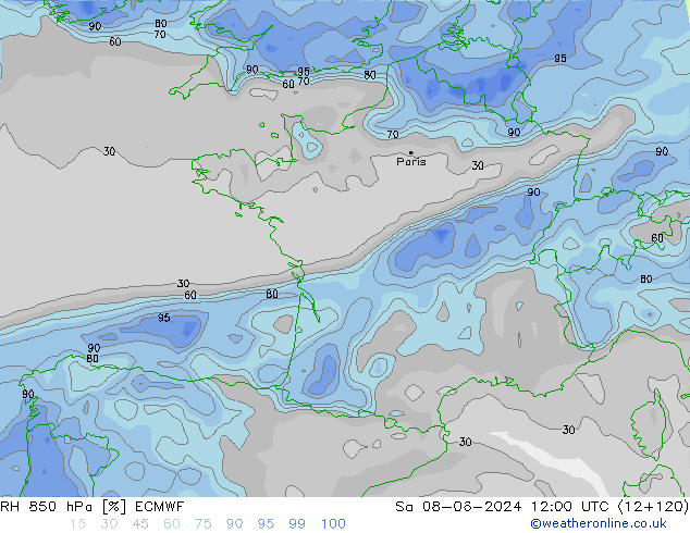 RH 850 hPa ECMWF Sáb 08.06.2024 12 UTC