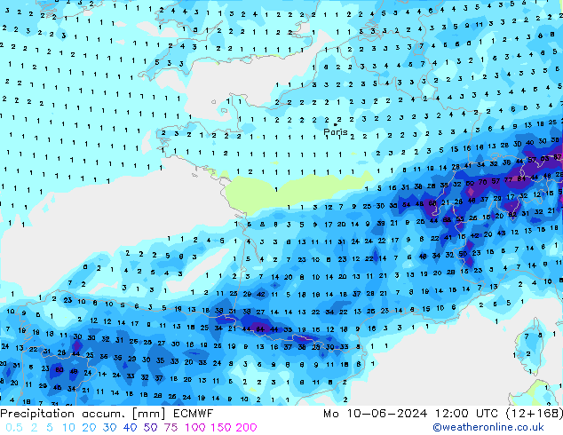 Precipitation accum. ECMWF Mo 10.06.2024 12 UTC