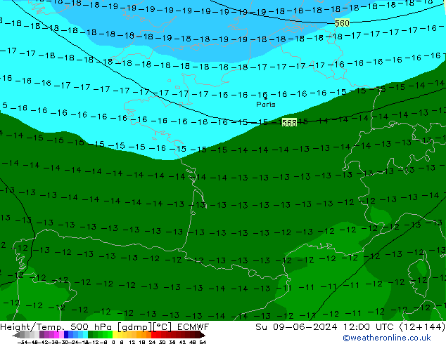 Z500/Yağmur (+YB)/Z850 ECMWF Paz 09.06.2024 12 UTC