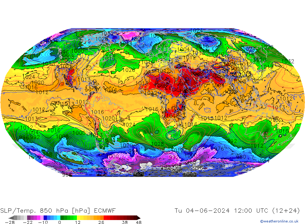 SLP/Temp. 850 гПа ECMWF вт 04.06.2024 12 UTC