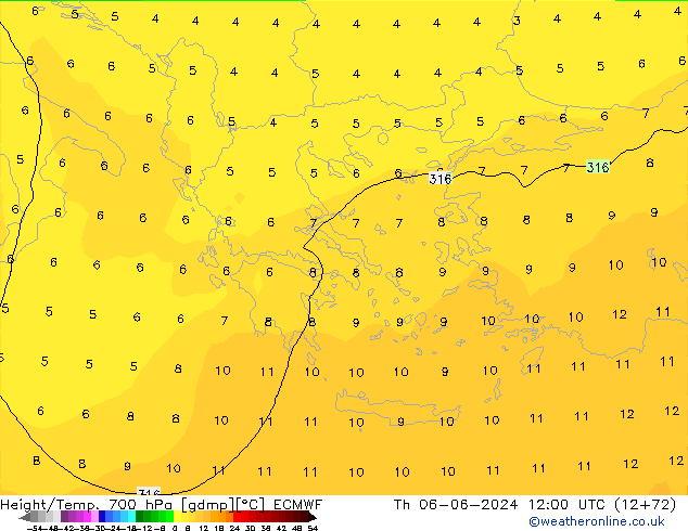 Height/Temp. 700 hPa ECMWF  06.06.2024 12 UTC