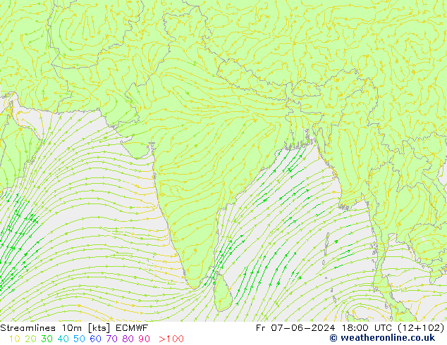 Linea di flusso 10m ECMWF ven 07.06.2024 18 UTC